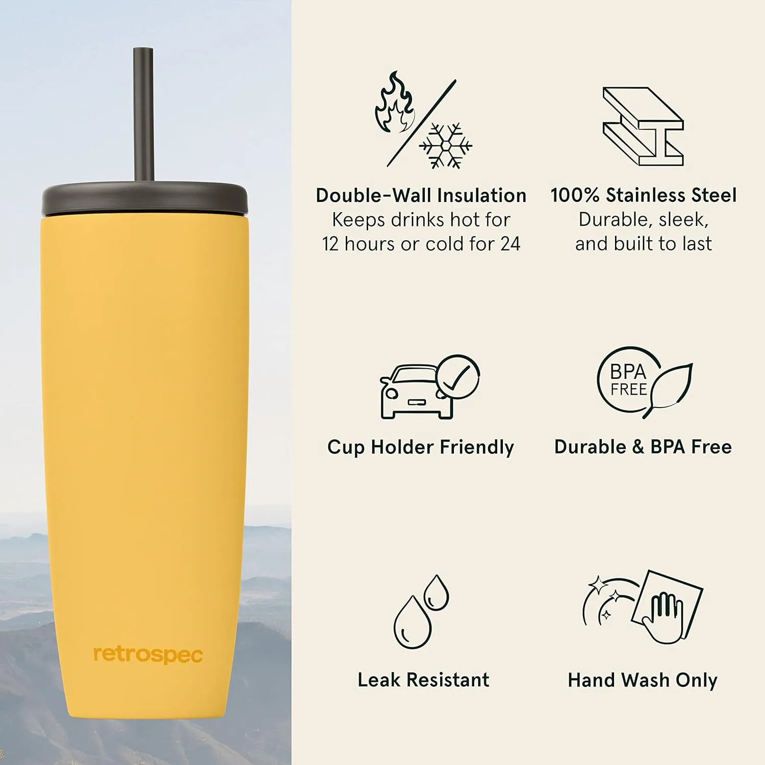 Retrospec Arroyo Stainless Steel Tumbler with Lid and Straw - Reusable Insulated Tumbler Cup - Iced Coffee Travel Mug - Double Walled Thermal Tumblers