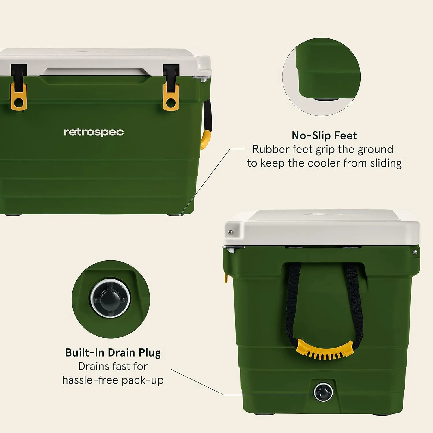 Retrospec Palisade Rotomolded Cooler - Fully Insulated Portable Ice Chest with Built in Bottle Opener, Tie-Down Slots & Dry Goods Basket - Large Beach, Camping & Travel Coolers 25, 45 & 65qt
