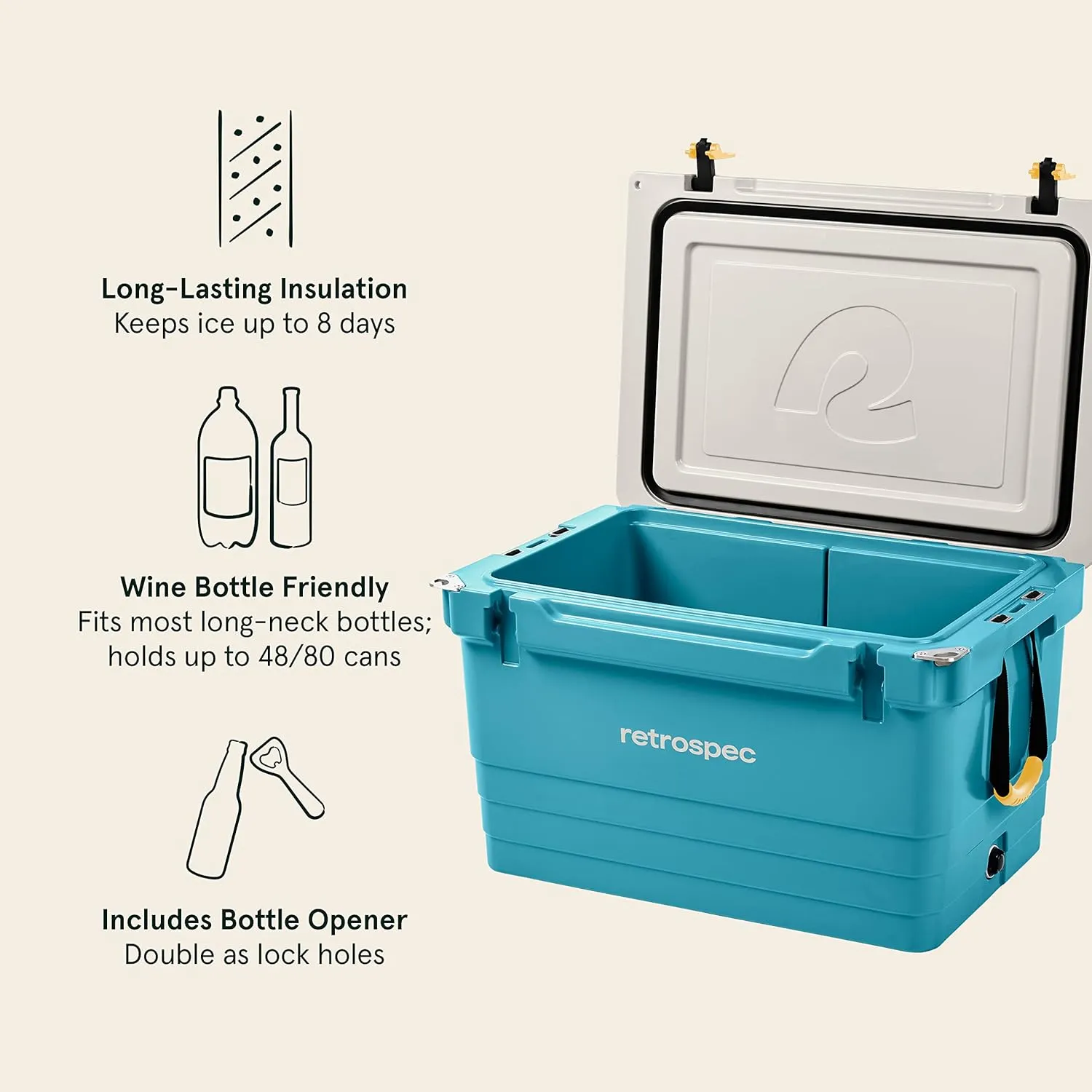 Retrospec Palisade Rotomolded Cooler - Fully Insulated Portable Ice Chest with Built in Bottle Opener, Tie-Down Slots & Dry Goods Basket - Large Beach, Camping & Travel Coolers 25, 45 & 65qt