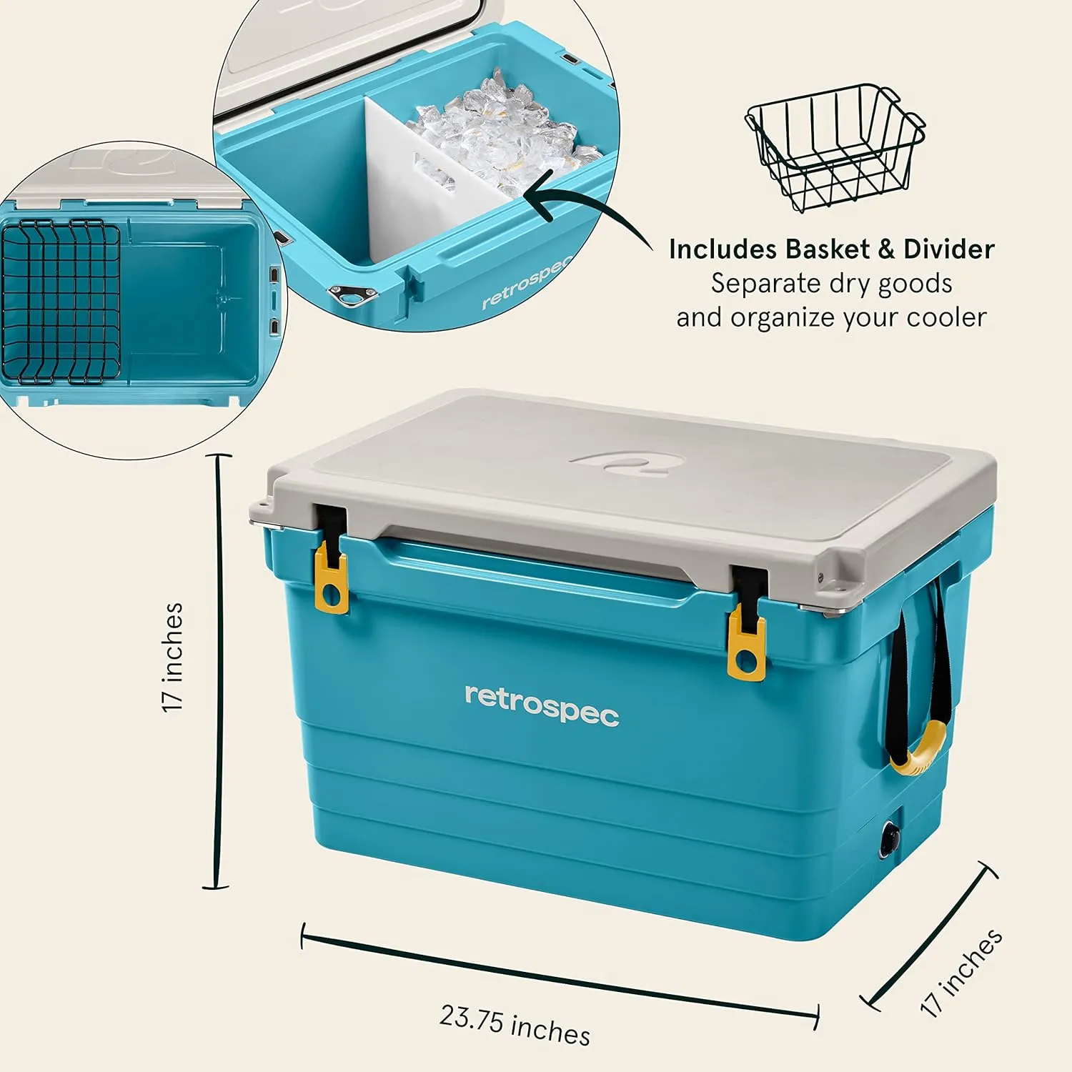 Retrospec Palisade Rotomolded Cooler - Fully Insulated Portable Ice Chest with Built in Bottle Opener, Tie-Down Slots & Dry Goods Basket - Large Beach, Camping & Travel Coolers 25, 45 & 65qt
