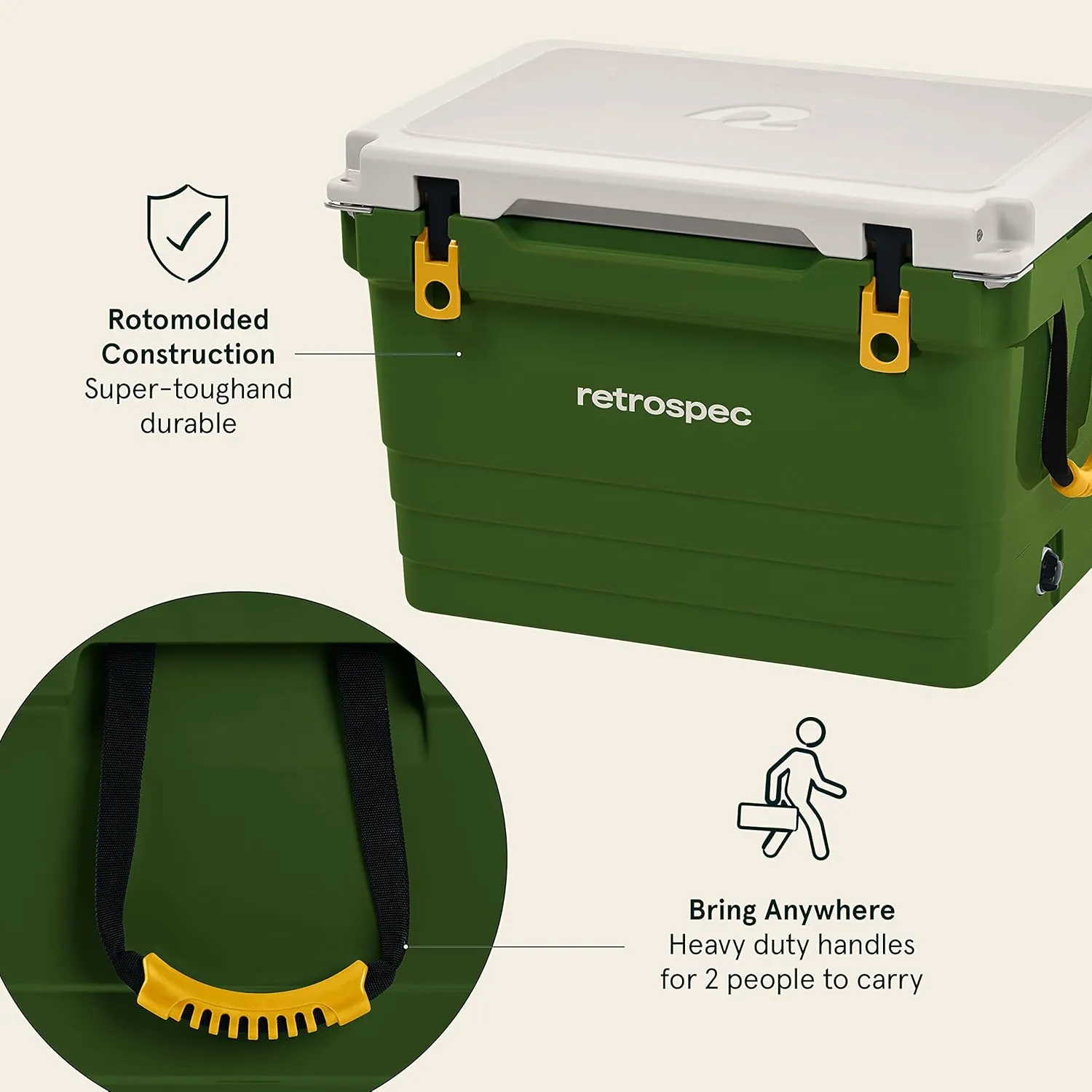 Retrospec Palisade Rotomolded Cooler - Fully Insulated Portable Ice Chest with Built in Bottle Opener, Tie-Down Slots & Dry Goods Basket - Large Beach, Camping & Travel Coolers 25, 45 & 65qt
