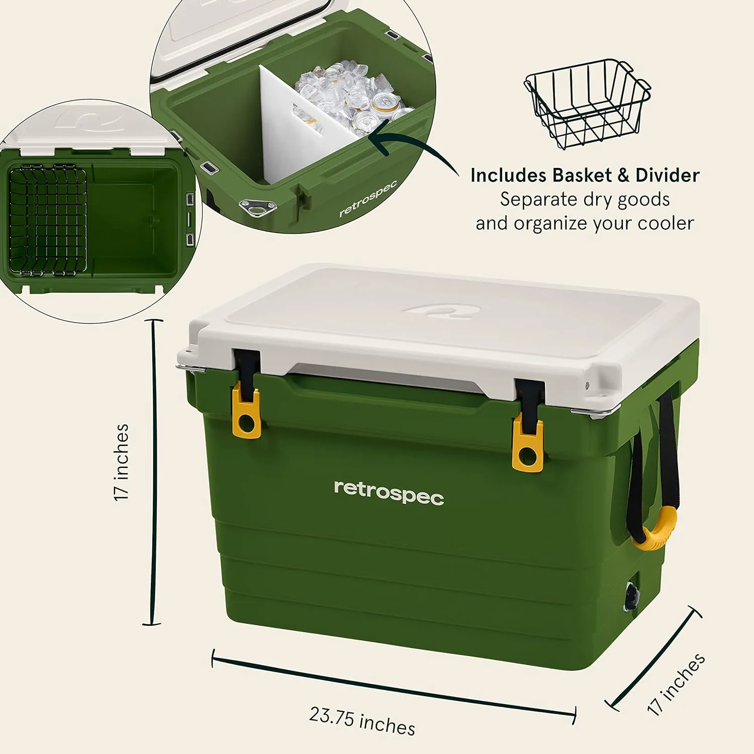 Retrospec Palisade Rotomolded Cooler - Fully Insulated Portable Ice Chest with Built in Bottle Opener, Tie-Down Slots & Dry Goods Basket - Large Beach, Camping & Travel Coolers 25, 45 & 65qt