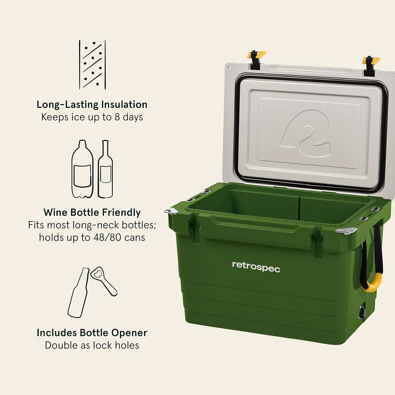 Retrospec Palisade Rotomolded Cooler - Fully Insulated Portable Ice Chest with Built in Bottle Opener, Tie-Down Slots & Dry Goods Basket - Large Beach, Camping & Travel Coolers 25, 45 & 65qt