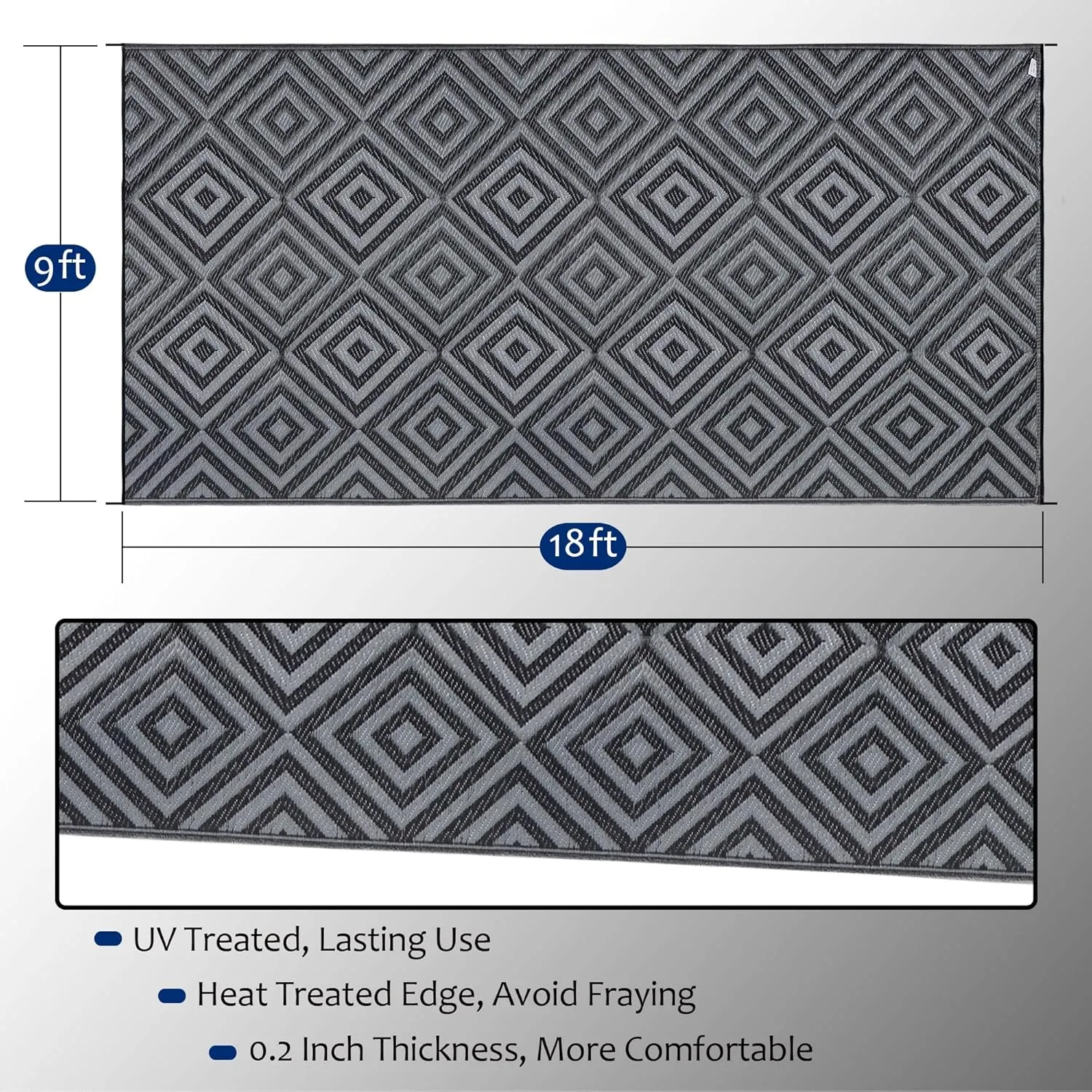 Reversible Mats, Outdoor Patio Rugs, Plastic Straw Rug, Modern Area Rug, Floor Mat for Outdoors, RV, Patio, Backyard, Deck, Picnic, Beach, Trailer, Camping (Diamond Black & Grey, 9' x 18')