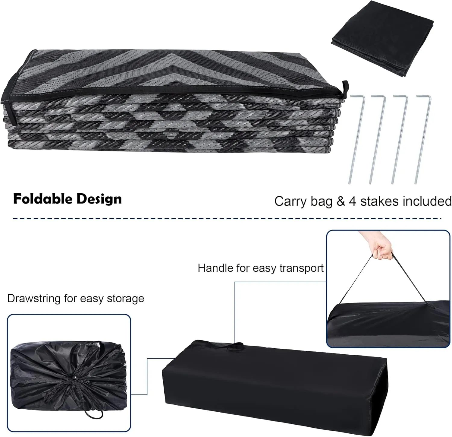 Reversible Mats, Outdoor Patio Rugs, Plastic Straw Rug, Modern Area Rug, Floor Mat for Outdoors, RV, Patio, Backyard, Deck, Picnic, Beach, Trailer, Camping (Diamond Black & Grey, 9' x 18')