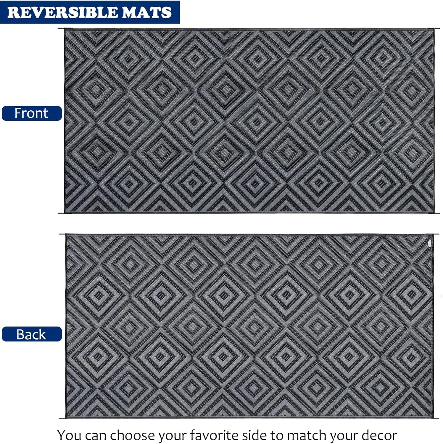Reversible Mats, Outdoor Patio Rugs, Plastic Straw Rug, Modern Area Rug, Floor Mat for Outdoors, RV, Patio, Backyard, Deck, Picnic, Beach, Trailer, Camping (Diamond Black & Grey, 9' x 18')