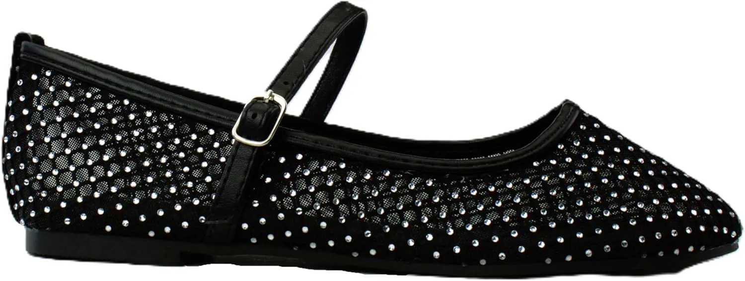 RF ROOM OF FASHION Women's Buckle Strap Mesh Mary Jane Ballet Flats