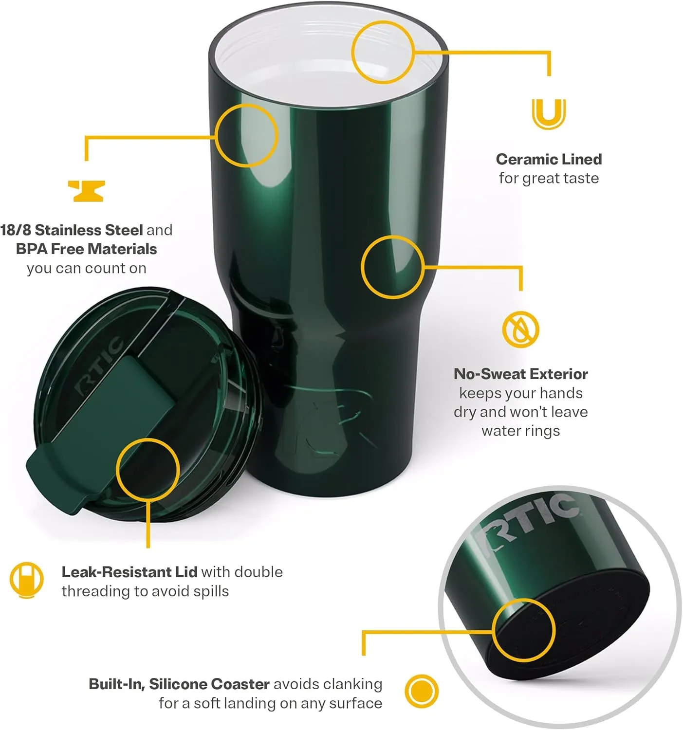 RTIC 20oz Essential Tumbler with Lid, Insulated, Stainless Steel, Metal, Double Wall Vacuum-Insulation, Ceramic Lined, Travel Cup for Iced Coffee, Tea, Hot and Cold Drink, Emerald Green Metallic