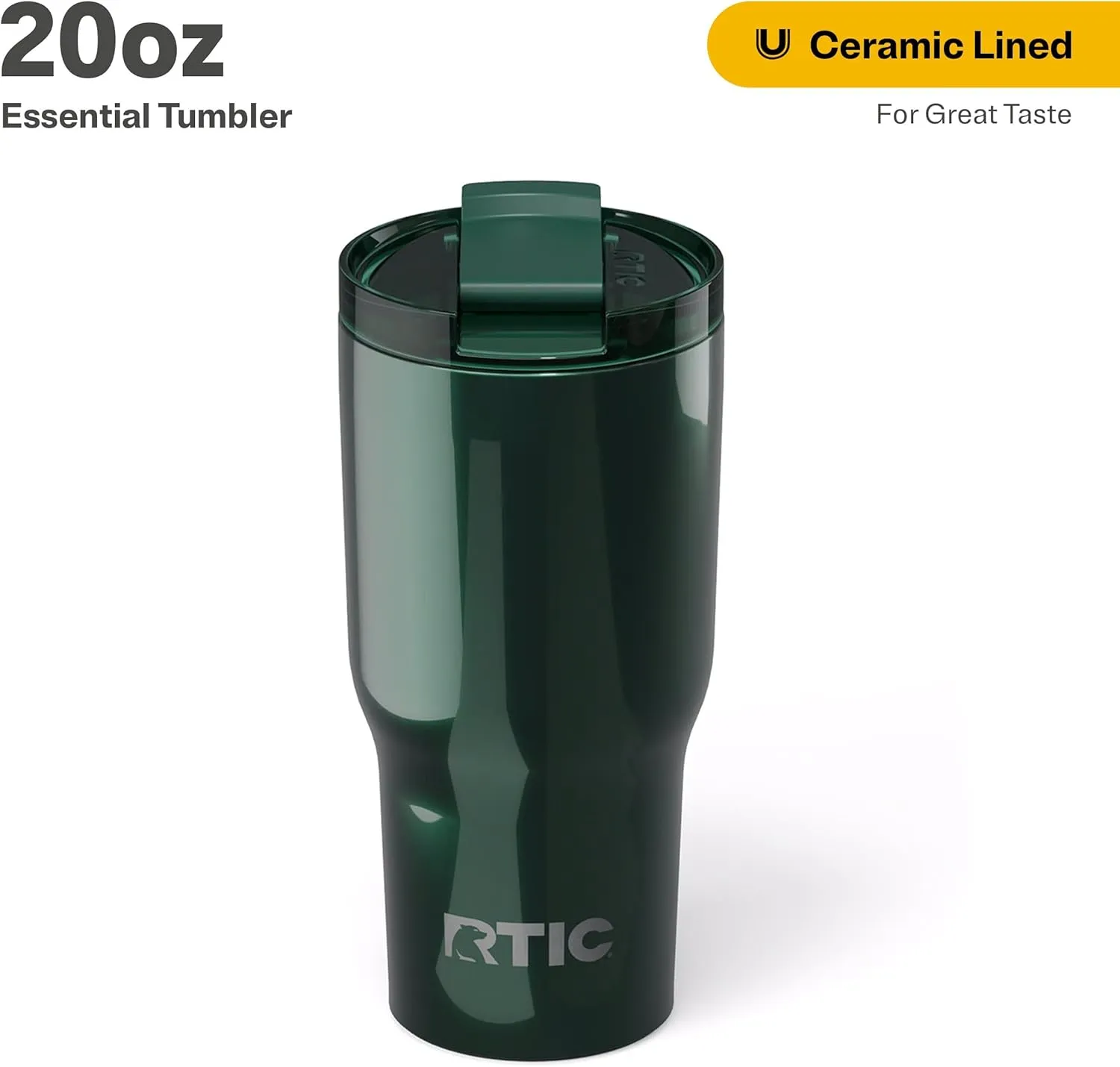 RTIC 20oz Essential Tumbler with Lid, Insulated, Stainless Steel, Metal, Double Wall Vacuum-Insulation, Ceramic Lined, Travel Cup for Iced Coffee, Tea, Hot and Cold Drink, Emerald Green Metallic