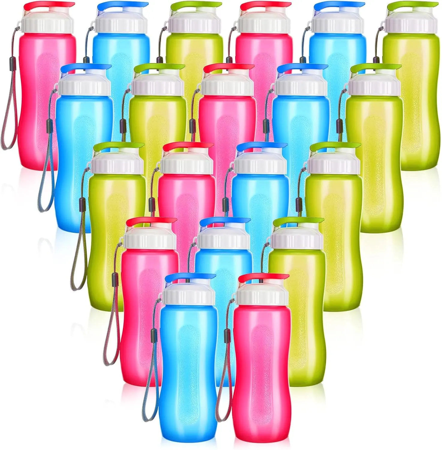 Rtteri 20 Pcs Water Bottle 17 oz Plastic Leakproof Drink Flip Top with Handle Strap, Multicolor Sports Bulk for Cycling Camping Hiking Gym Yoga Fitness
