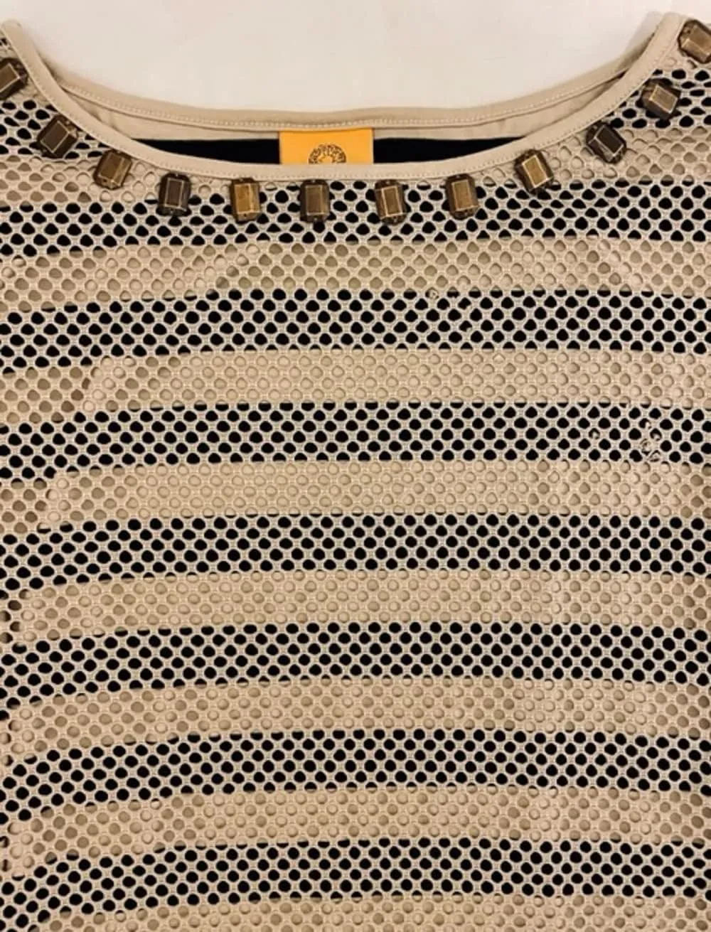 Ruby Rd. Women's Embellished Ballet Neck Open Mesh Overlay with Stripe Jersey Tank Lining