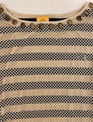 Ruby Rd. Women's Embellished Ballet Neck Open Mesh Overlay with Stripe Jersey Tank Lining
