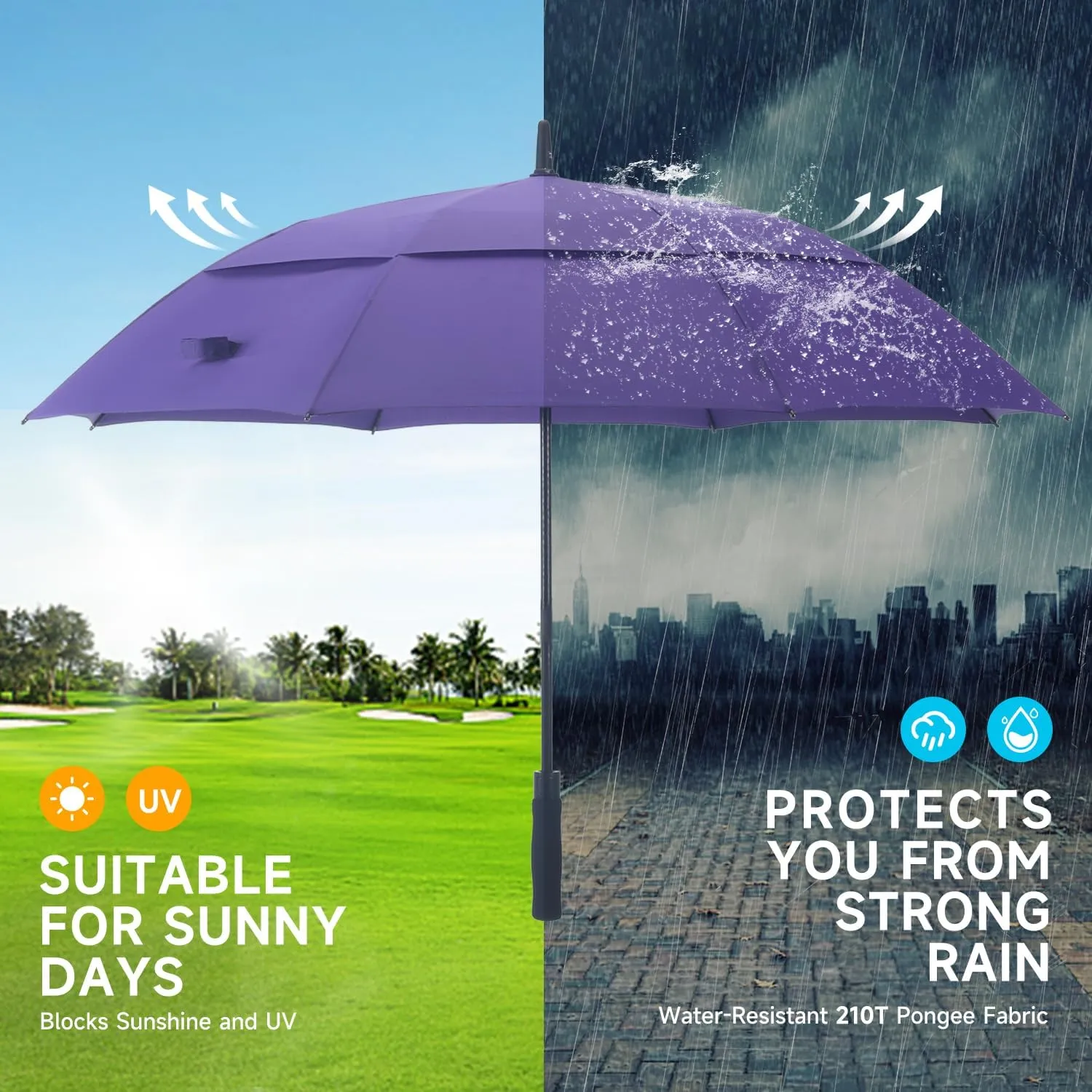 RUMBRELLA 55/62 Inch UV Golf Umbrella Large Oversize Double Canopy Vented Windproof Auto Open Stick Umbrella