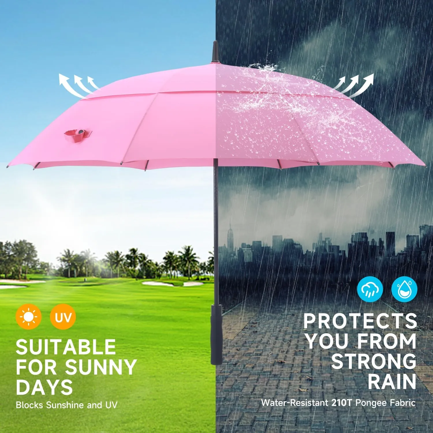 RUMBRELLA 55/62 Inch UV Golf Umbrella Large Oversize Double Canopy Vented Windproof Auto Open Stick Umbrella
