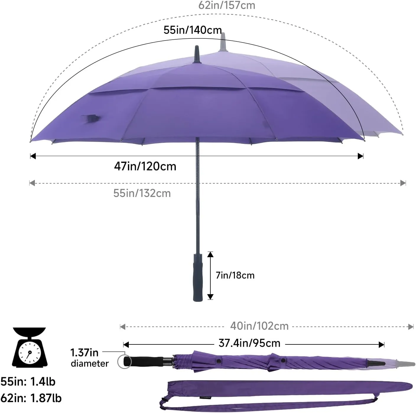 RUMBRELLA 55/62 Inch UV Golf Umbrella Large Oversize Double Canopy Vented Windproof Auto Open Stick Umbrella
