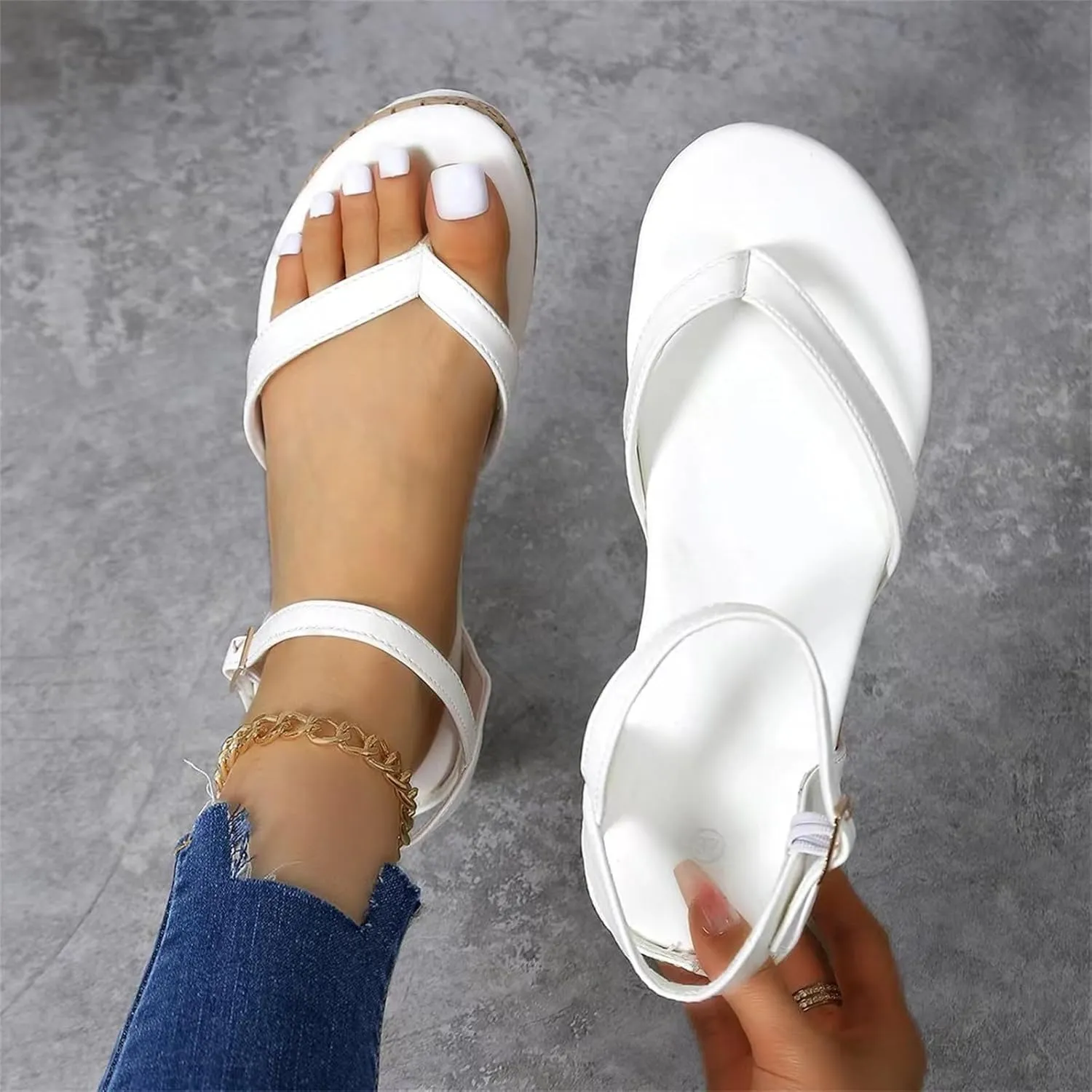 Sandals For Womens Cork Foot bed Wedge Thong Sandals Buckle Adjustable Platform Heels Dress Beach Flip-Flop