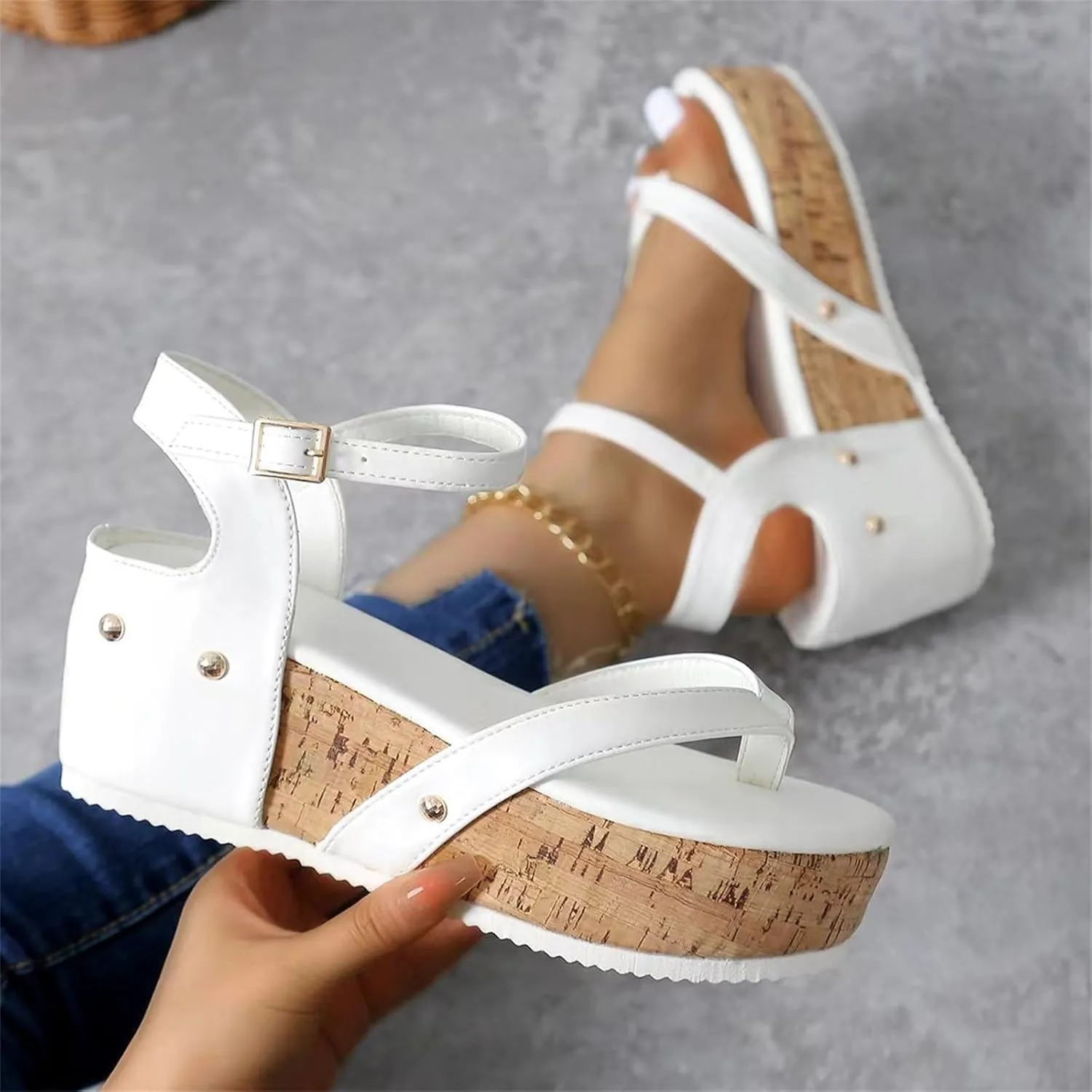 Sandals For Womens Cork Foot bed Wedge Thong Sandals Buckle Adjustable Platform Heels Dress Beach Flip-Flop