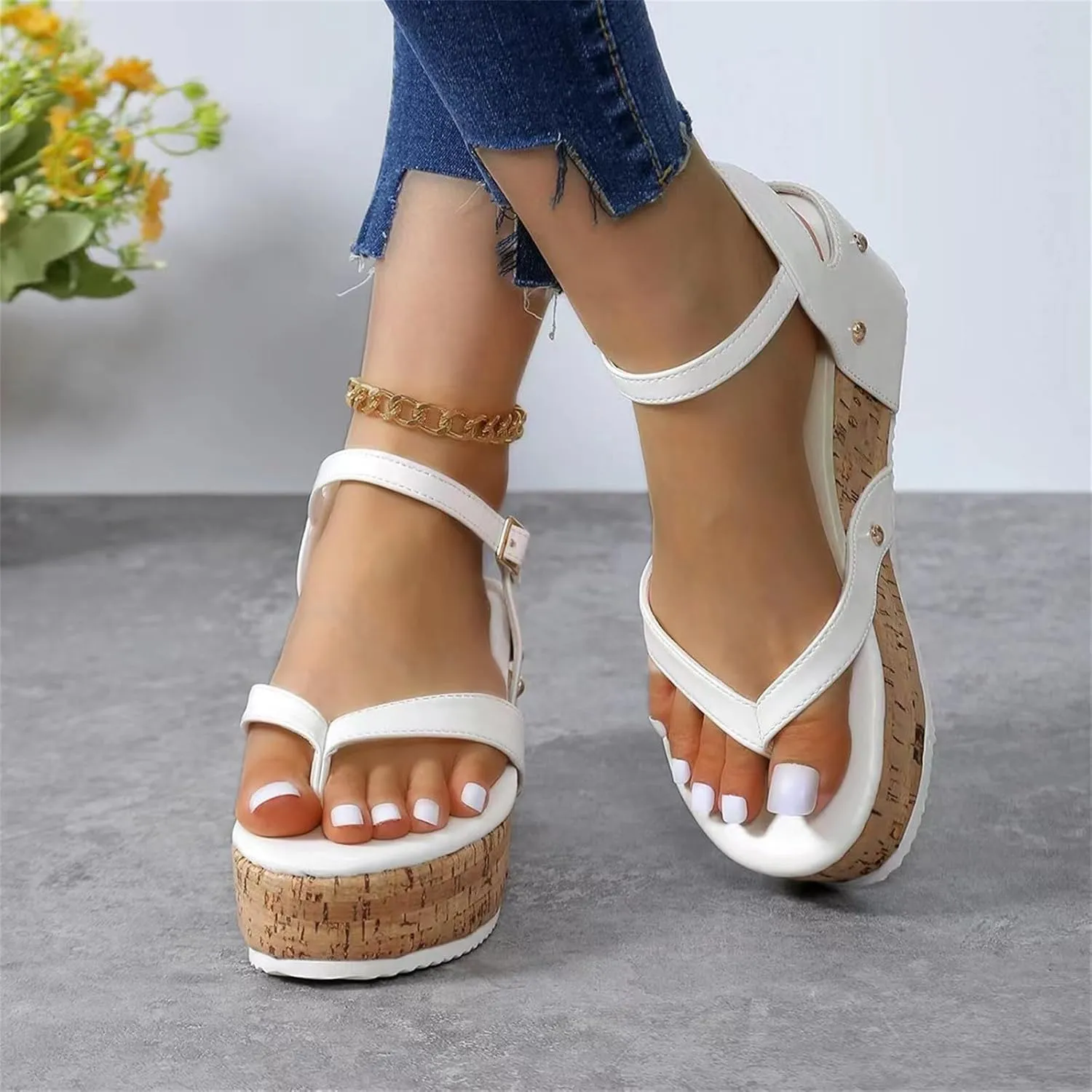 Sandals For Womens Cork Foot bed Wedge Thong Sandals Buckle Adjustable Platform Heels Dress Beach Flip-Flop