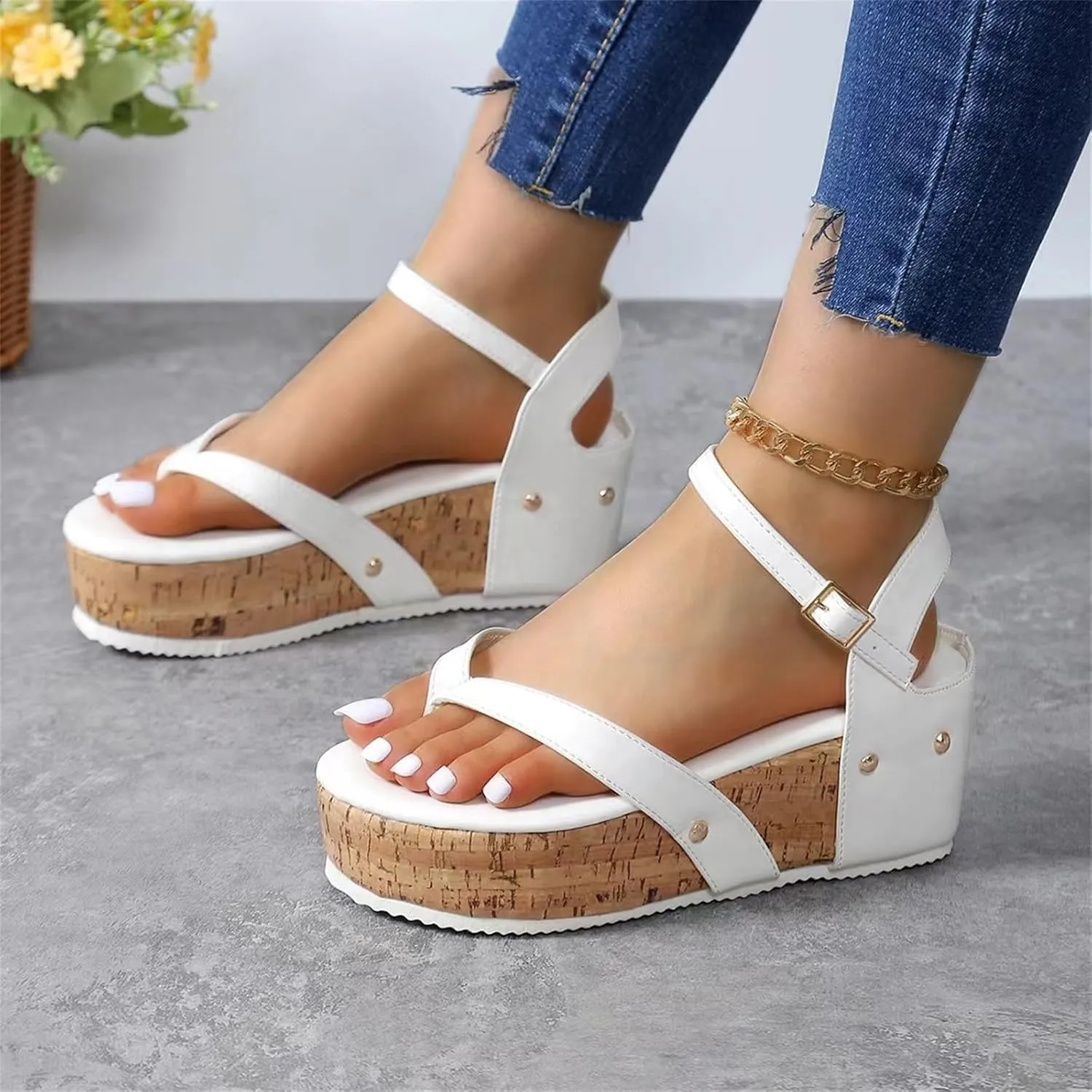 Sandals For Womens Cork Foot bed Wedge Thong Sandals Buckle Adjustable Platform Heels Dress Beach Flip-Flop