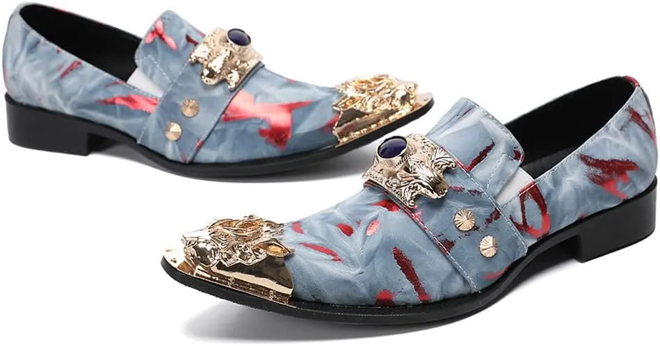 Santimon Men's Dress Shoes Suede Leather Multicolored Dragon Metal Tip Single Strap Gold Crystals Bead Wedding Formal Loafers