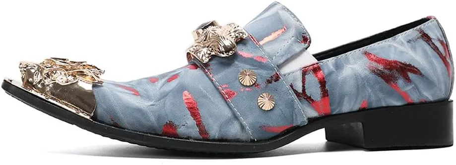 Santimon Men's Dress Shoes Suede Leather Multicolored Dragon Metal Tip Single Strap Gold Crystals Bead Wedding Formal Loafers