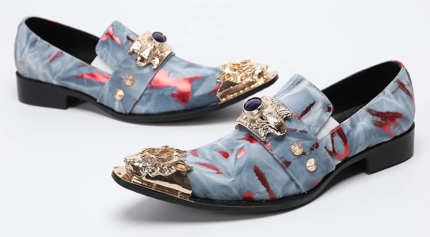 Santimon Men's Dress Shoes Suede Leather Multicolored Dragon Metal Tip Single Strap Gold Crystals Bead Wedding Formal Loafers