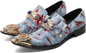 Santimon Men's Dress Shoes Suede Leather Multicolored Dragon Metal Tip Single Strap Gold Crystals Bead Wedding Formal Loafers
