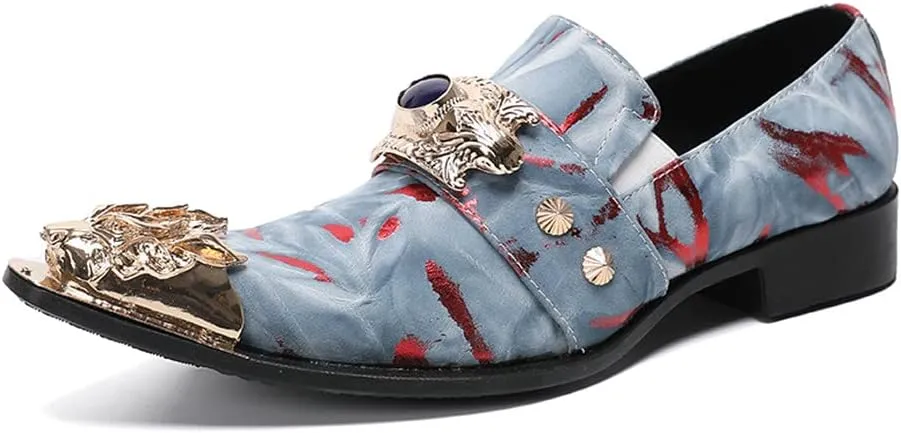 Santimon Men's Dress Shoes Suede Leather Multicolored Dragon Metal Tip Single Strap Gold Crystals Bead Wedding Formal Loafers