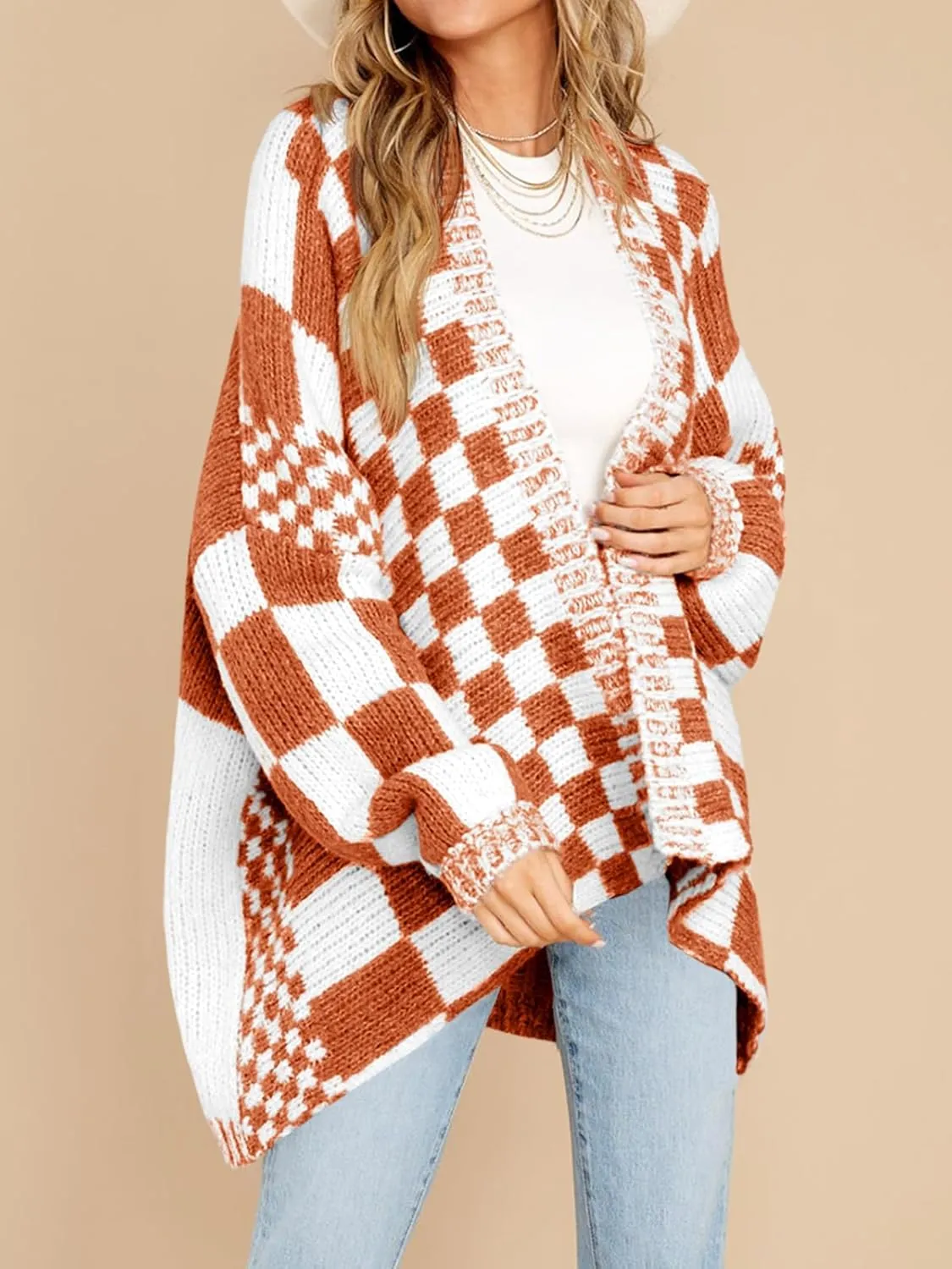 Saodimallsu Womens Checkered Sweater Color Block Plaid Cardigans Oversized Long Sleeve Knit Open Front Coats