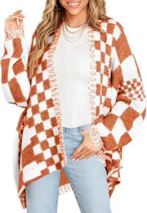 Saodimallsu Womens Checkered Sweater Color Block Plaid Cardigans Oversized Long Sleeve Knit Open Front Coats