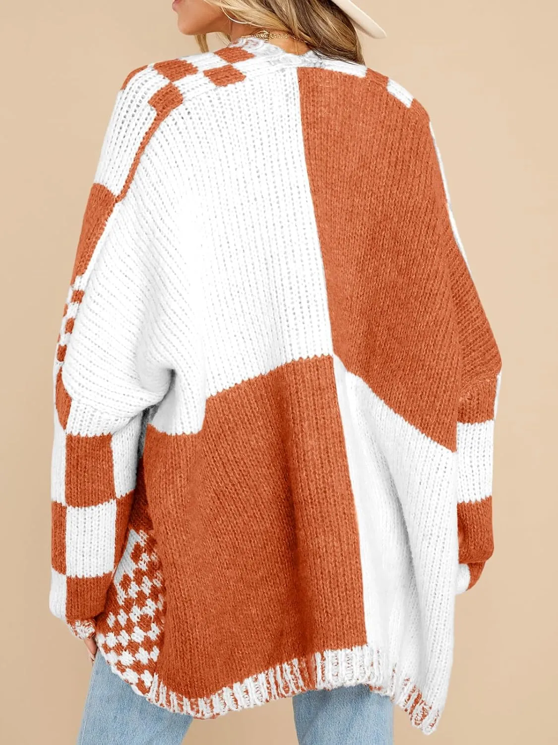Saodimallsu Womens Checkered Sweater Color Block Plaid Cardigans Oversized Long Sleeve Knit Open Front Coats
