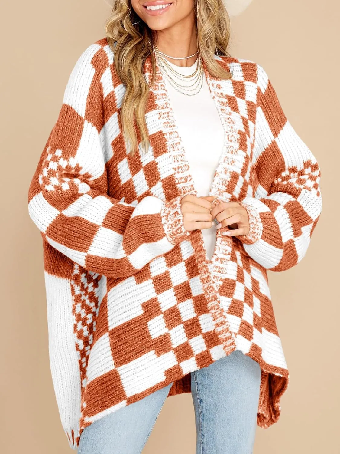Saodimallsu Womens Checkered Sweater Color Block Plaid Cardigans Oversized Long Sleeve Knit Open Front Coats