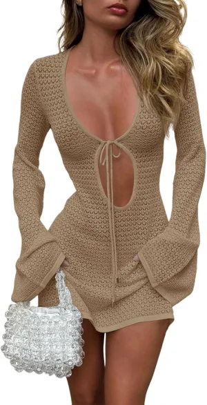 Saodimallsu Womens Crochet Swimsuit Cover Up Long Bell Sleeve V Neck Tie Mesh Knit Summer Beach Dress Vacation Outfits