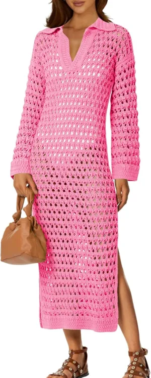 Saodimallsu Womens Crochet Swimsuit Cover Up V Neck Collared Long Sleeve Mesh Knit Split Long Beach Coverup Dress