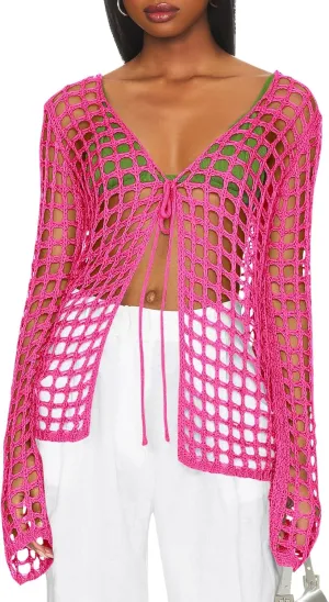Saodimallsu Womens Long Sleeve Swimsuit Coverup Crochet Hollow Out Tie Front Swim Cover Up Knit Cardigan