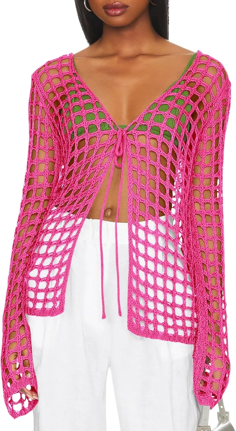 Saodimallsu Womens Long Sleeve Swimsuit Coverup Crochet Hollow Out Tie Front Swim Cover Up Knit Cardigan