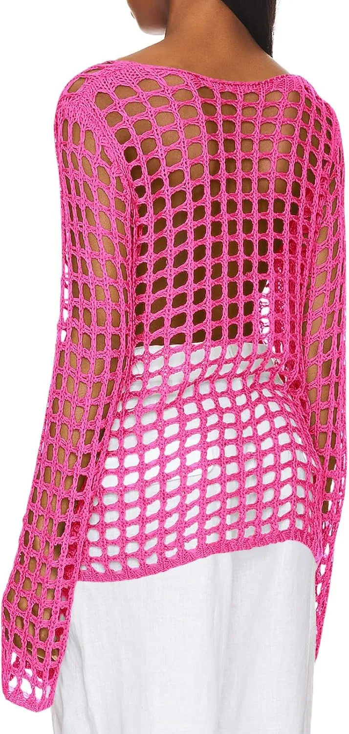 Saodimallsu Womens Long Sleeve Swimsuit Coverup Crochet Hollow Out Tie Front Swim Cover Up Knit Cardigan