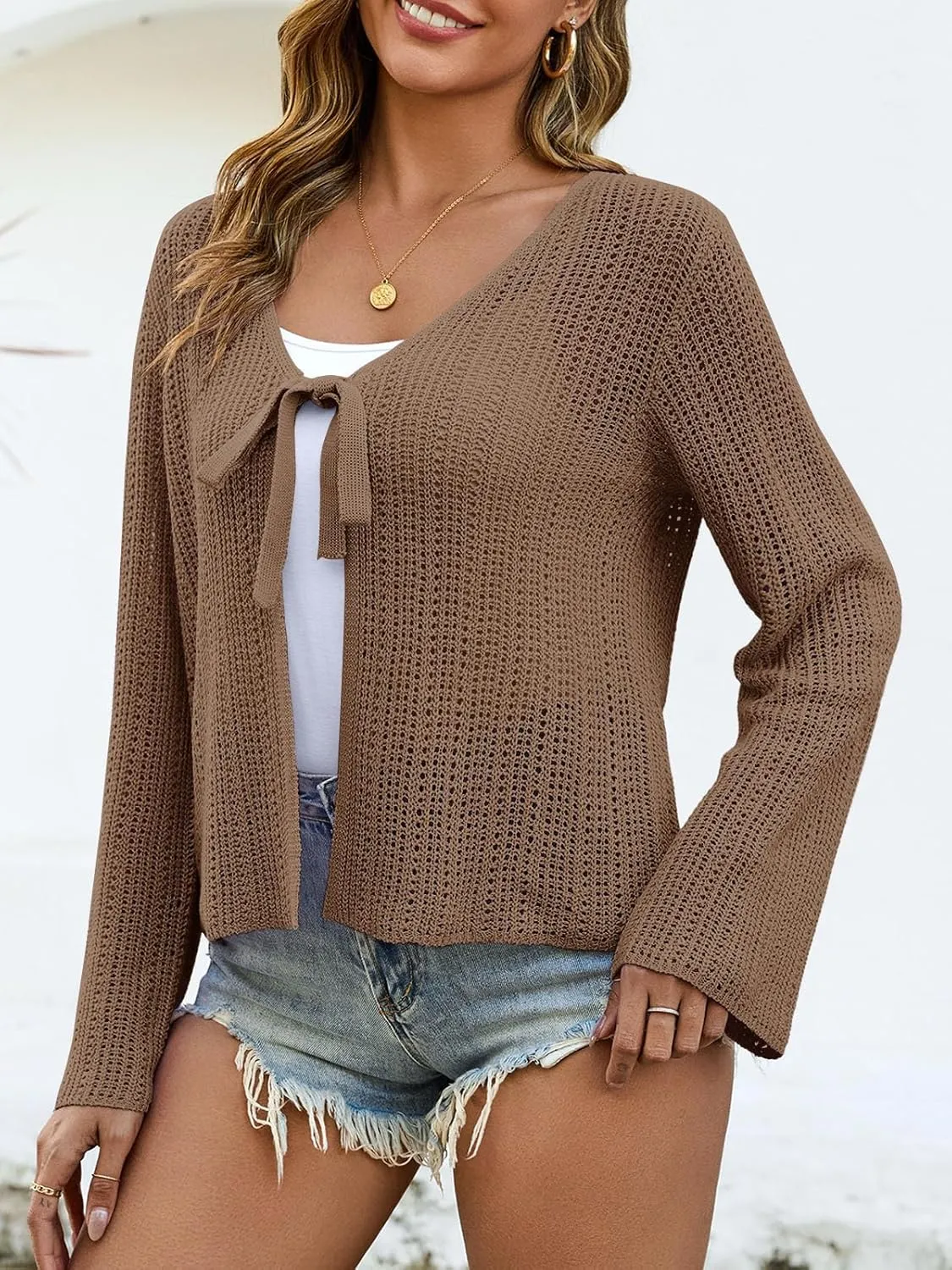 Saodimallsu Womens Summer Crochet Lightweight Cardigans Tie Front Mesh Knit Long Sleeve Casual V Neck Beach Cover Ups