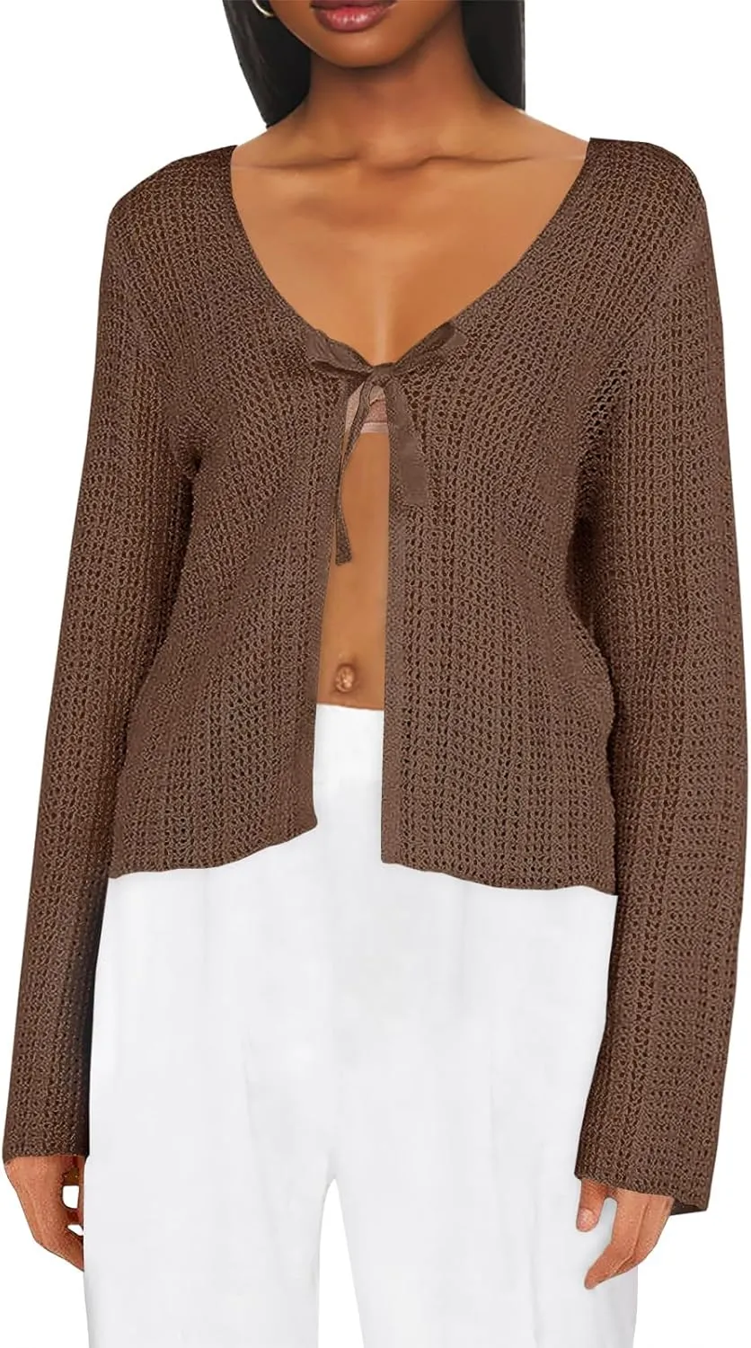 Saodimallsu Womens Summer Crochet Lightweight Cardigans Tie Front Mesh Knit Long Sleeve Casual V Neck Beach Cover Ups