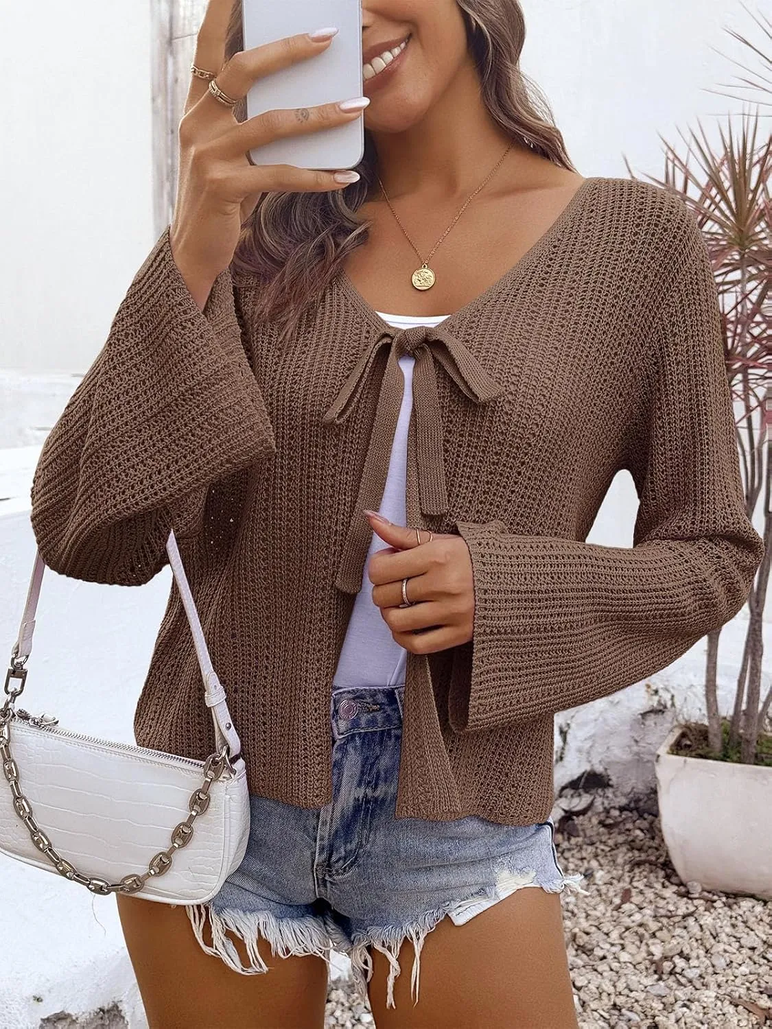 Saodimallsu Womens Summer Crochet Lightweight Cardigans Tie Front Mesh Knit Long Sleeve Casual V Neck Beach Cover Ups