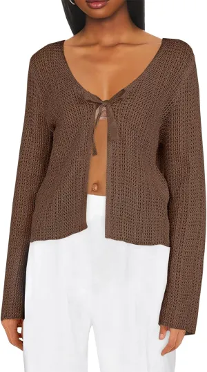 Saodimallsu Womens Summer Crochet Lightweight Cardigans Tie Front Mesh Knit Long Sleeve Casual V Neck Beach Cover Ups