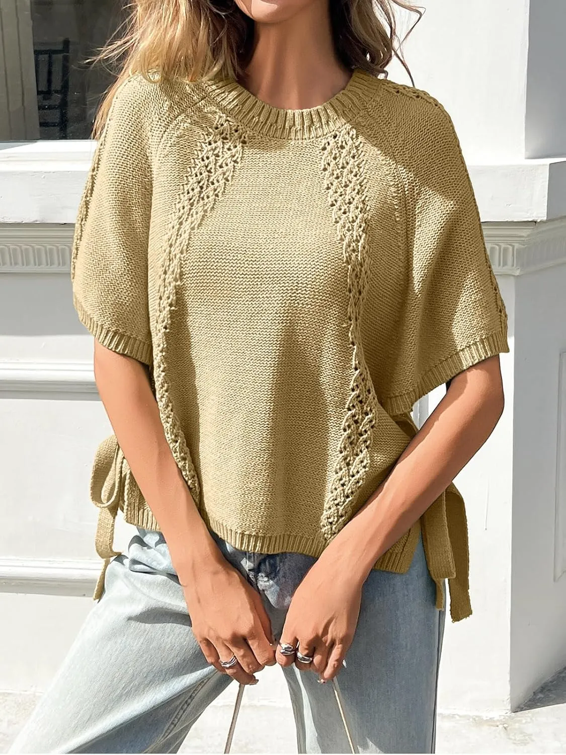 Saodimallsu Womens Summer Short Sleeve Sweater Side Tie Cropped Casual Crewneck Crochet Loose Knit Pullover Tops