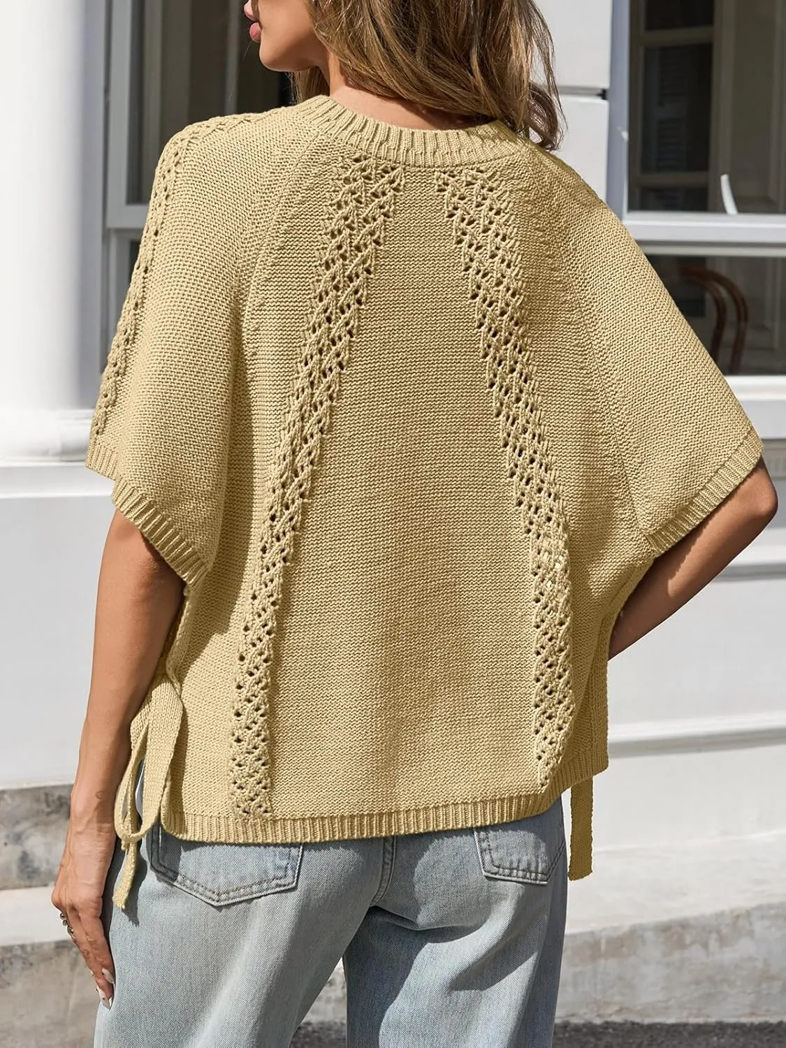 Saodimallsu Womens Summer Short Sleeve Sweater Side Tie Cropped Casual Crewneck Crochet Loose Knit Pullover Tops