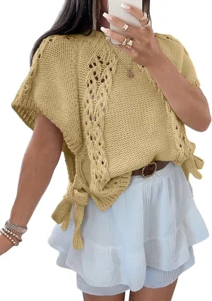 Saodimallsu Womens Summer Short Sleeve Sweater Side Tie Cropped Casual Crewneck Crochet Loose Knit Pullover Tops