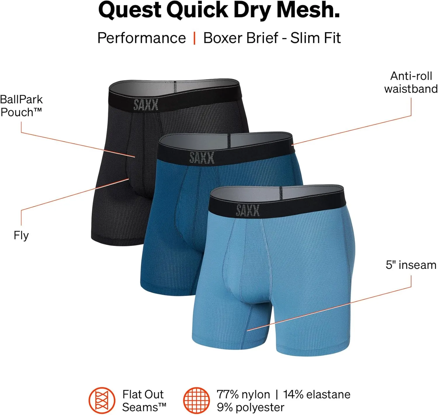 SAXX Underwear Co. Men's Underwear with Pouch Quest Quick Dry Mesh Boxer Brief Fly 3Pk