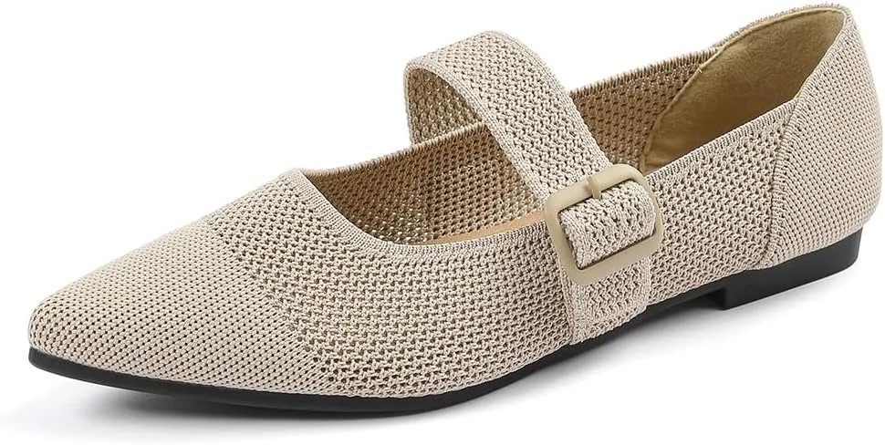 Semwiss Women's Mary Jane Flats Pointed Toe Ballet Flat with Adjustable Strap Design Breathable Mesh Dressy Casual Office Shoes