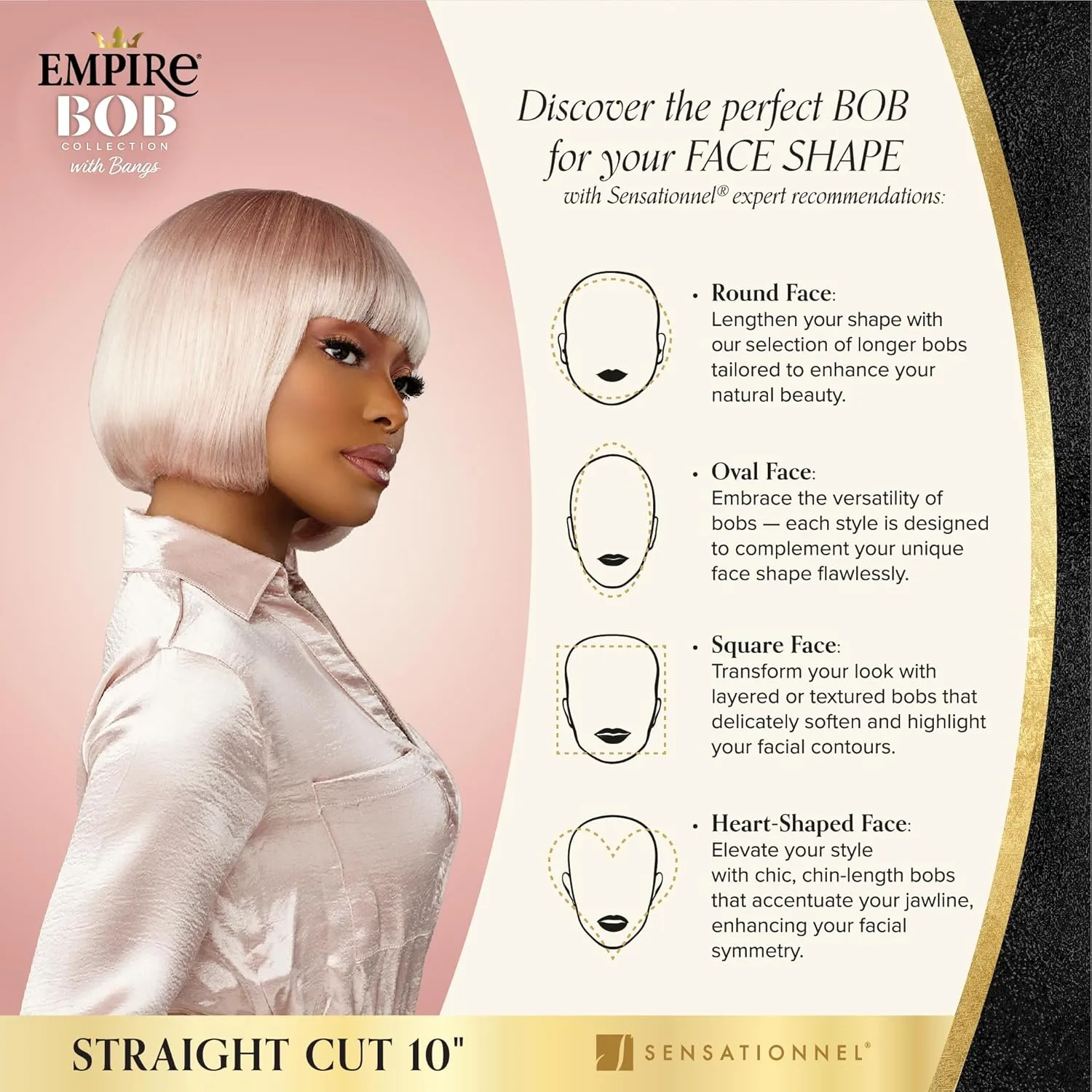 Sensationnel Empire Bob Humanhair Wig - Straight Cut Face Framing Mesh Cap for Comfort With Bangs (10 inch, 1B OFFBLACK)