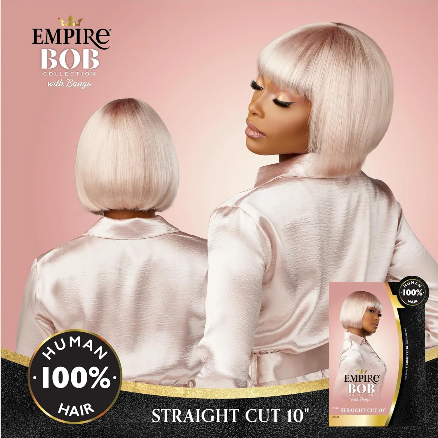 Sensationnel Empire Bob Humanhair Wig - Straight Cut Face Framing Mesh Cap for Comfort With Bangs (10 inch, 1B OFFBLACK)