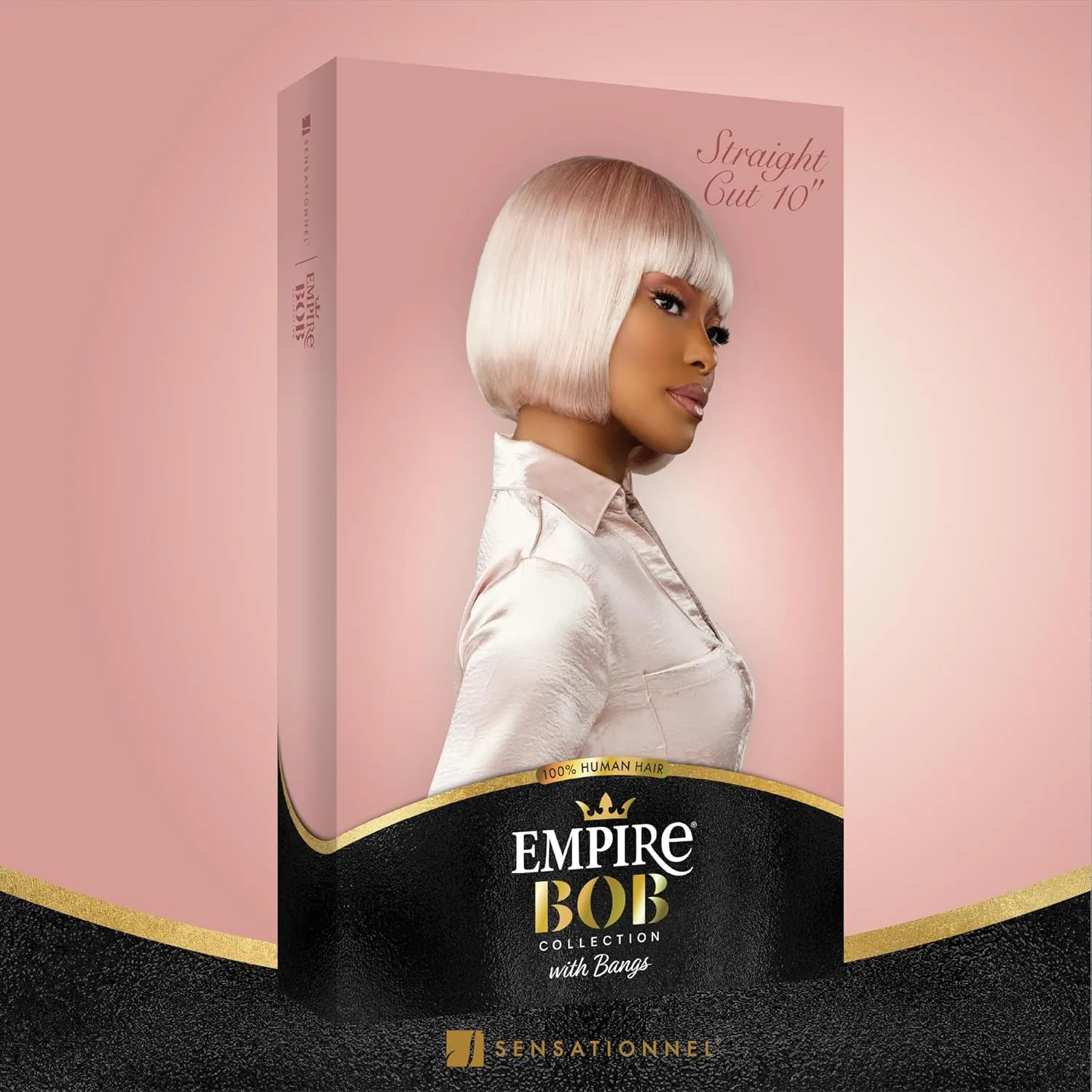 Sensationnel Empire Bob Humanhair Wig - Straight Cut Face Framing Mesh Cap for Comfort With Bangs (10 inch, 1B OFFBLACK)