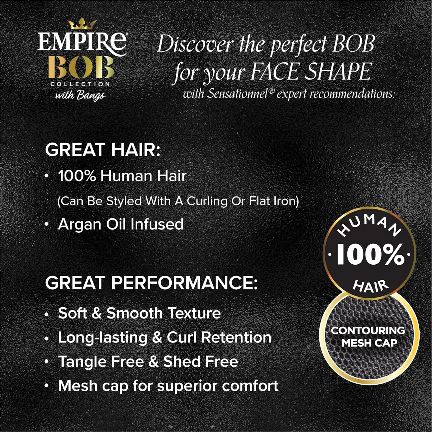 Sensationnel Empire Bob Humanhair Wig - Straight Cut Face Framing Mesh Cap for Comfort With Bangs (10 inch, 1B OFFBLACK)